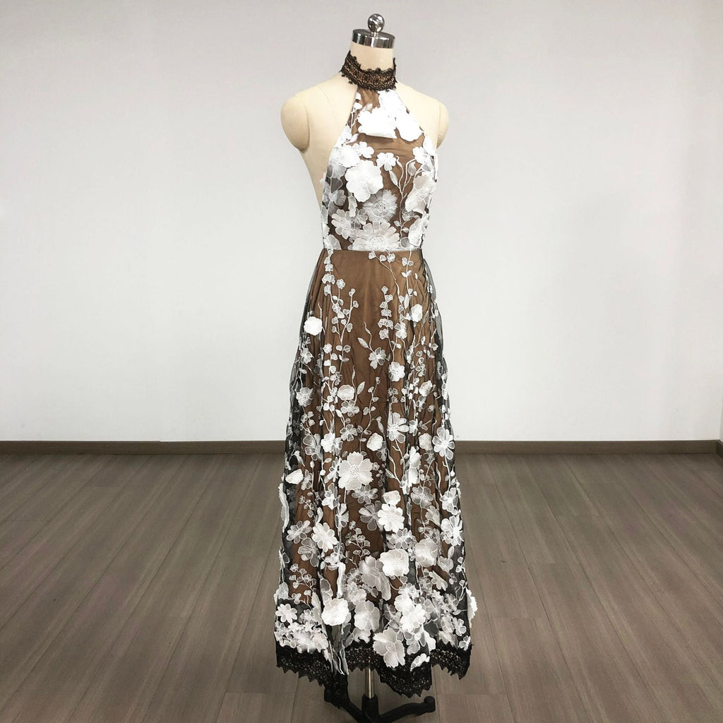 Alyssa Black Halter Floral Embroidered Midi Dress Flowering Girl