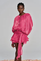 Hermosa Balloon Sleeve Ruch Ruffle Mini Dress In Rose Red Flowering Girl