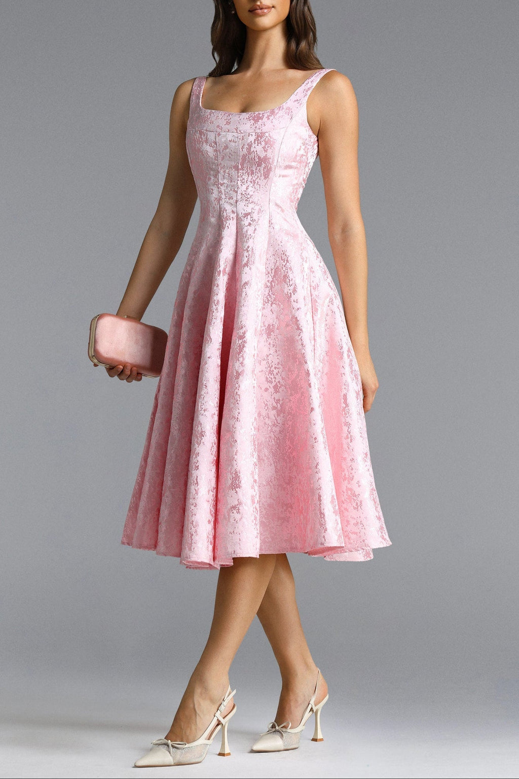 Lisbon Pink Square Neck Jacquard Satin Midi Dress Flowering Girl