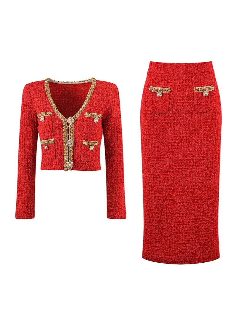 Allura Red Knit V Neck Cardigan Set Flowering Girl