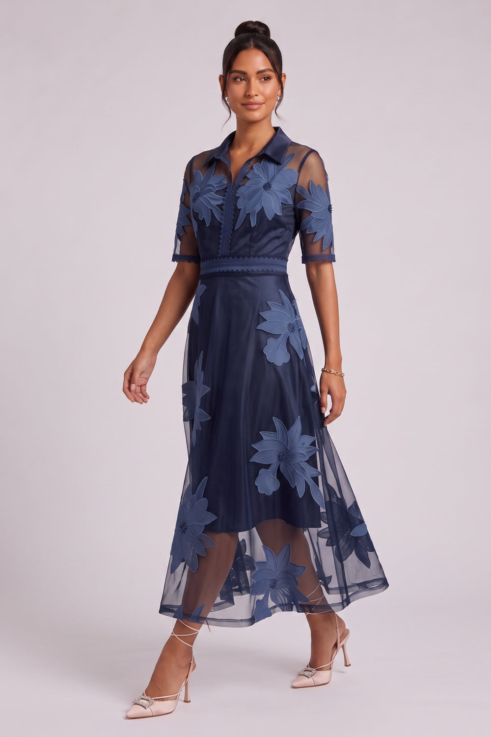 Navy Blue Sheer Organza A-Line Midi Dress with Floral Embroidery Flowering Girl