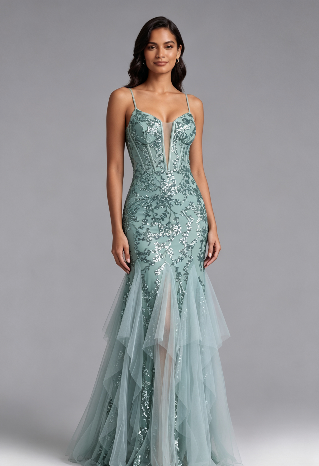 Seafoam Sequin Two-Piece Mermaid Evening Gown Flowering Girl