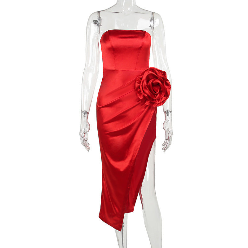 Strapless Flower Satin Midi Dress Flowering Girl
