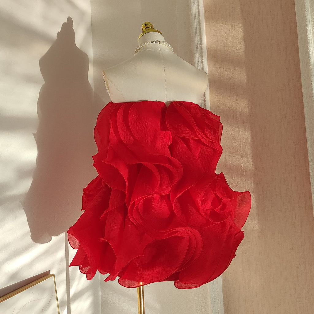 Verna Multi-Layered 3d Pleated Mini Dress In Red Flowering Girl
