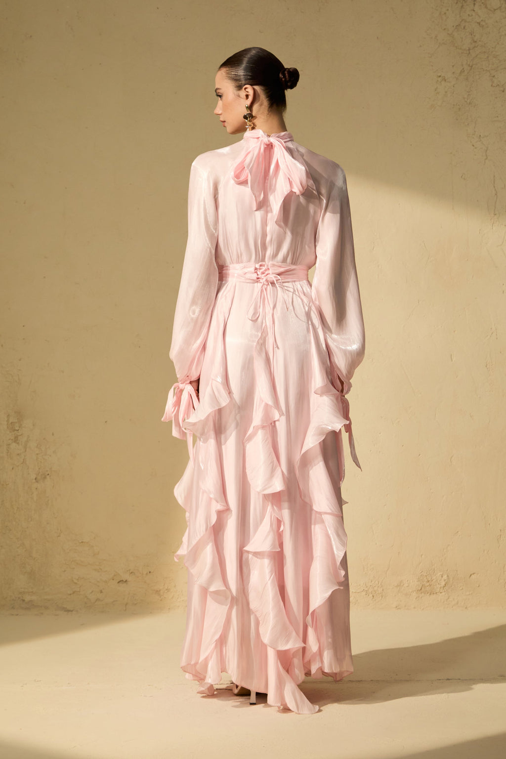 Pandora Puff Sleeve Ruffle Trim Maxi Dress In Pink Flowering Girl