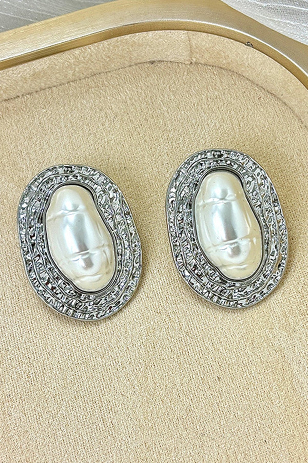 Vintage Textured Gold Oval Baroque Pearl Stud Earrings Flowering Girl