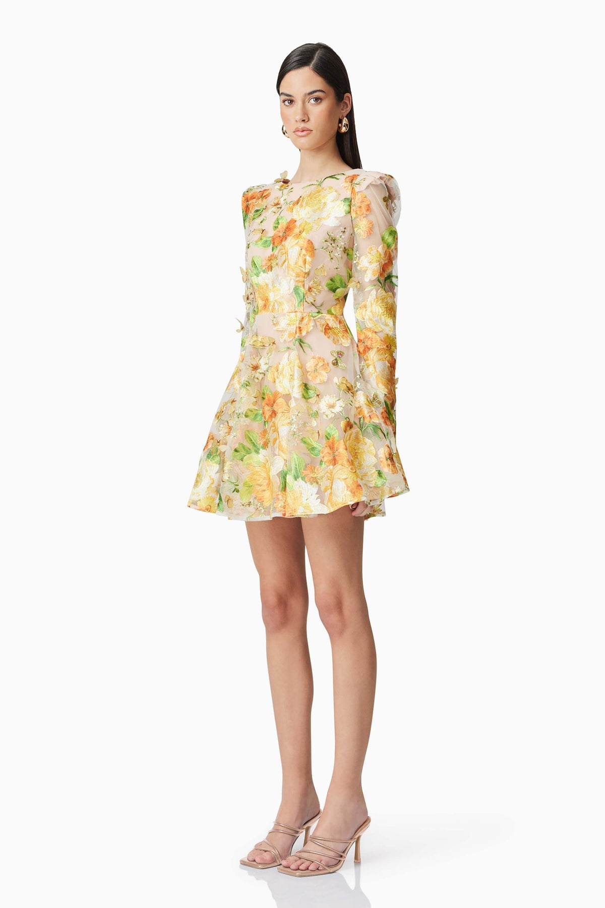 Aella A-Line Floral Embroidery Mini Dress In Yellow Flowering Girl