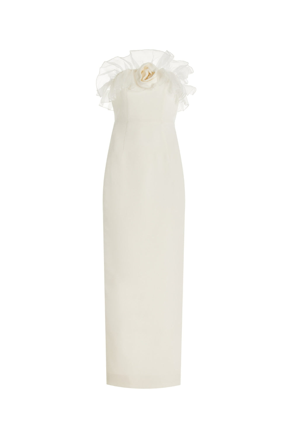 Ruffled Silk Strapless Midi Dress In Beige Flowering Girl