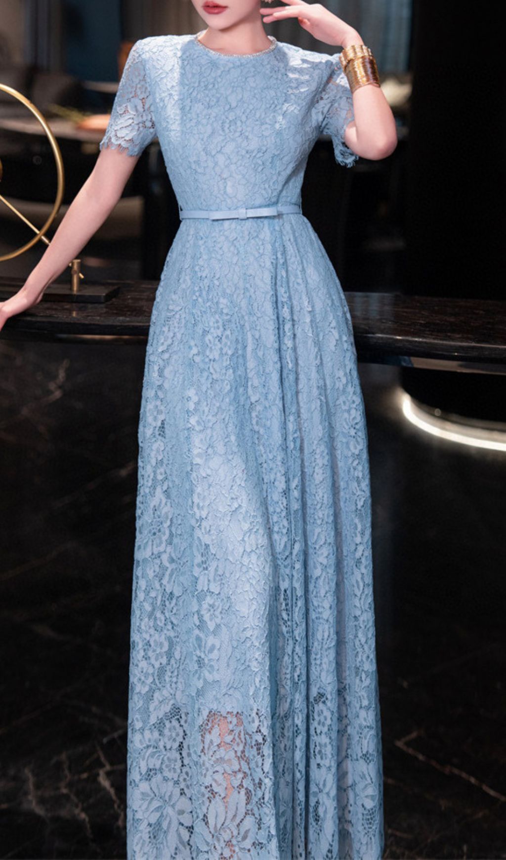 Hilary Blue Lace Midi Dress Flowering Girl