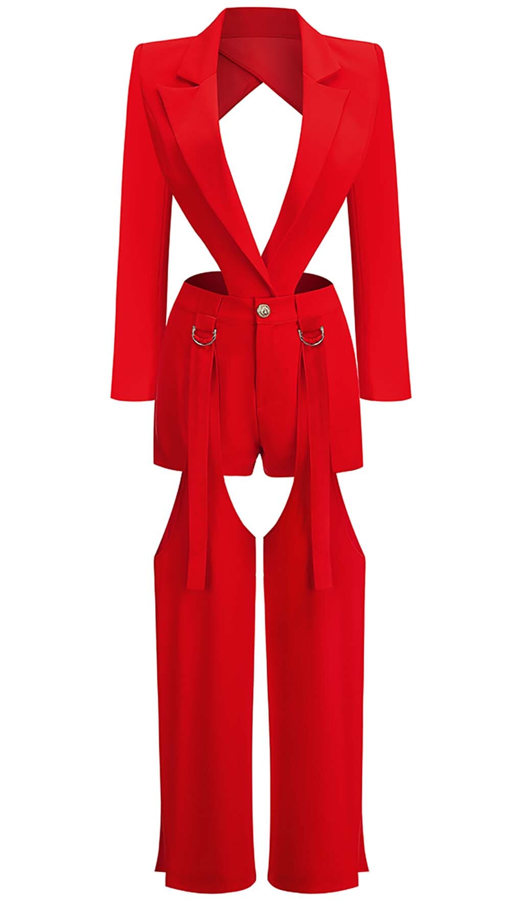 Cutout Backless Three Piece Set In Red Flowering Girl