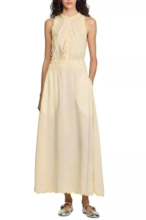 Sleeveless Lace Detail Maxi Dress In Light Yellow Flowering Girl