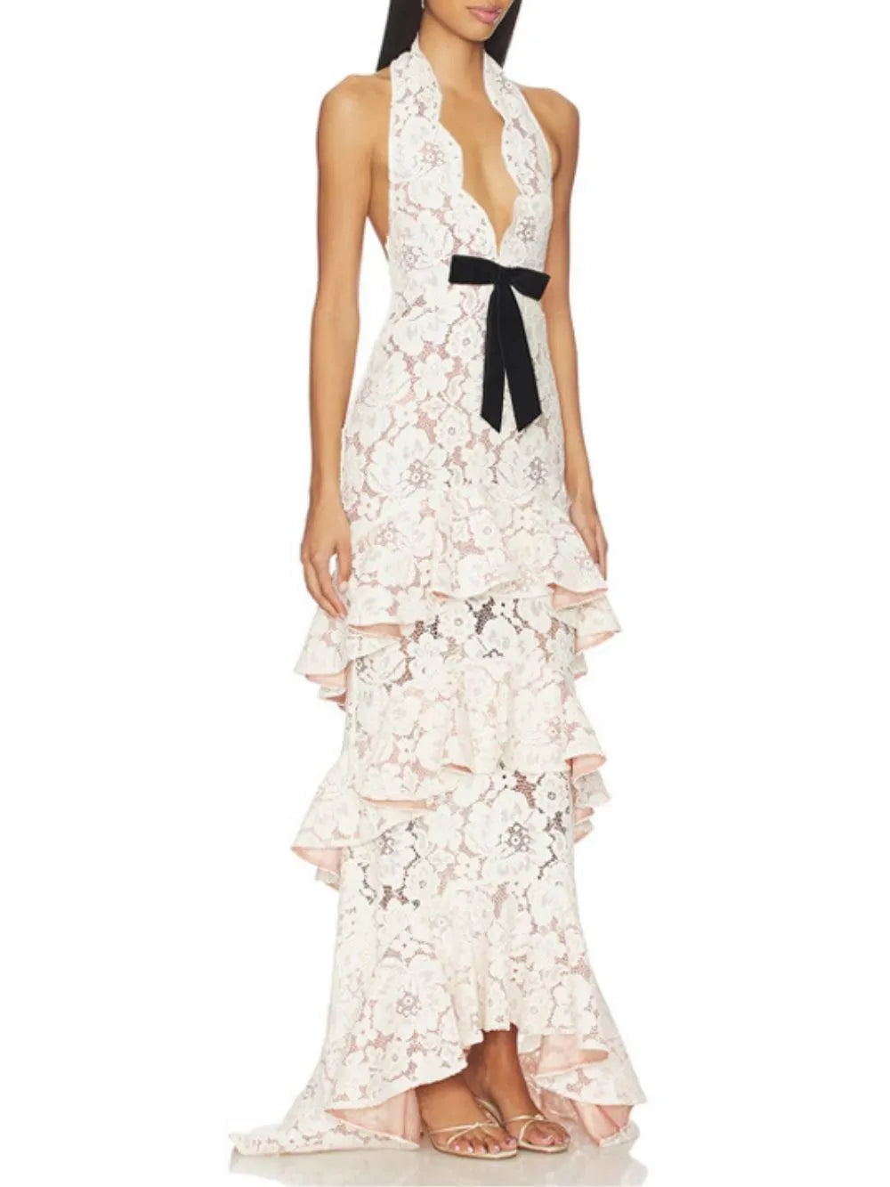 Masha White Halter Lace Layered Maxi Dress Flowering Girl