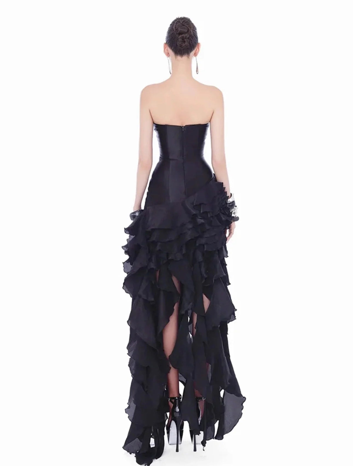 Sabrina Ruffle Crystal Strapless Midi Dress In Black Flowering Girl