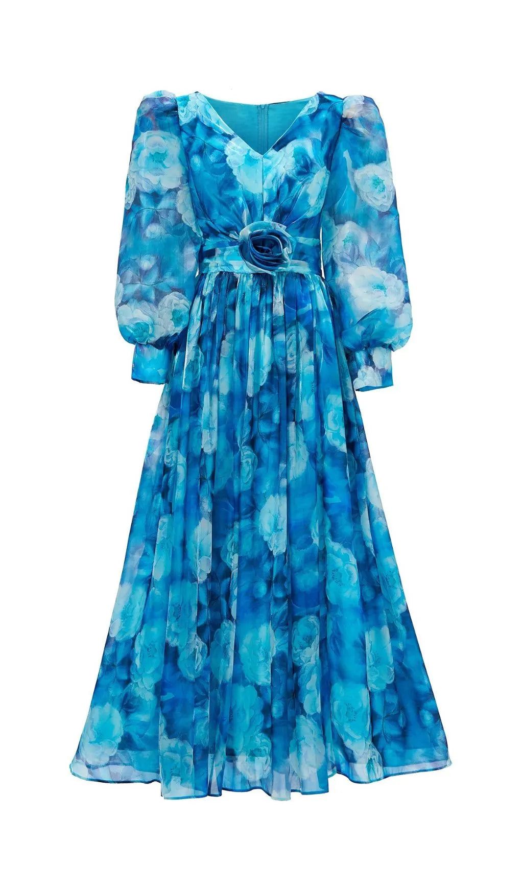 Feray Blue Floral Printed Long Sleeve Maxi Dress Flowering Girl