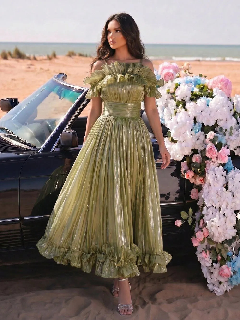 Olive Green Pleated Satin Or Taffeta Fit-And-Flare, Off-The-Shoulder Midi Dress Flowering Girl