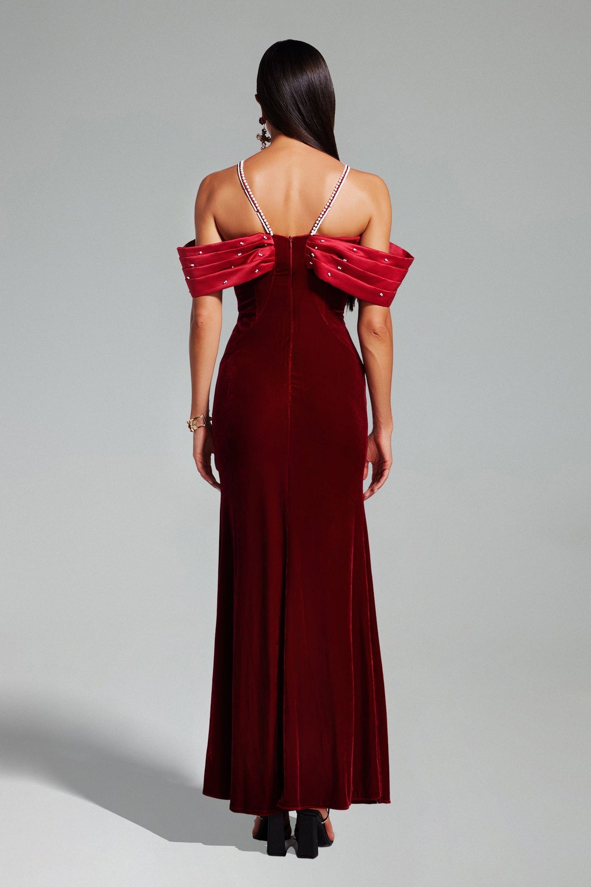 Tove Off Shoulder Velvet Maxi Dress - Red Flowering Girl