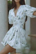venus v-neck floral print puff sleeve mini dress Flowering Girl
