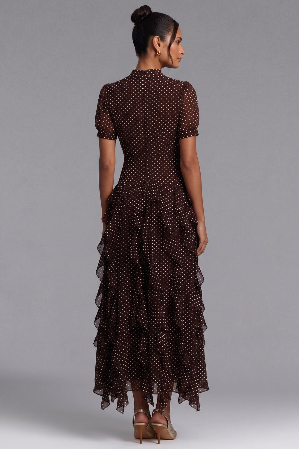 Brown Polka Dot Tiered Ruffle Midi Dress Flowering Girl