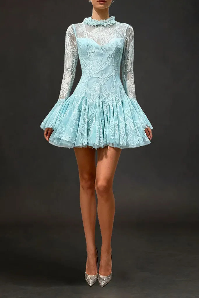 Blue Embroidered Flared Mini Dress Flowering Girl
