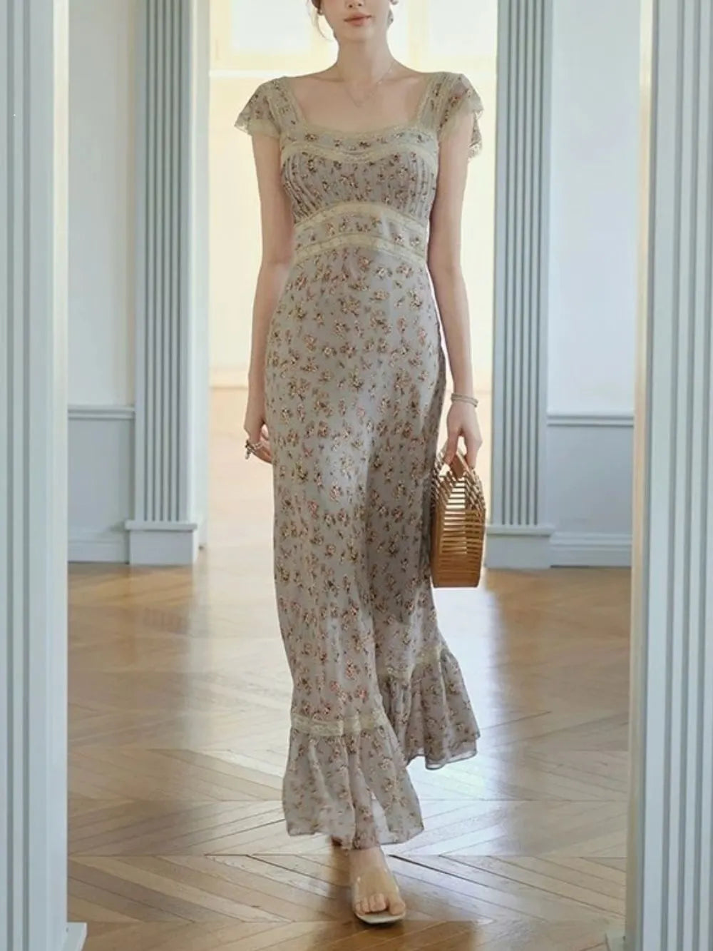Micaela Blue Floral Lace Maxi Dress Flowering Girl