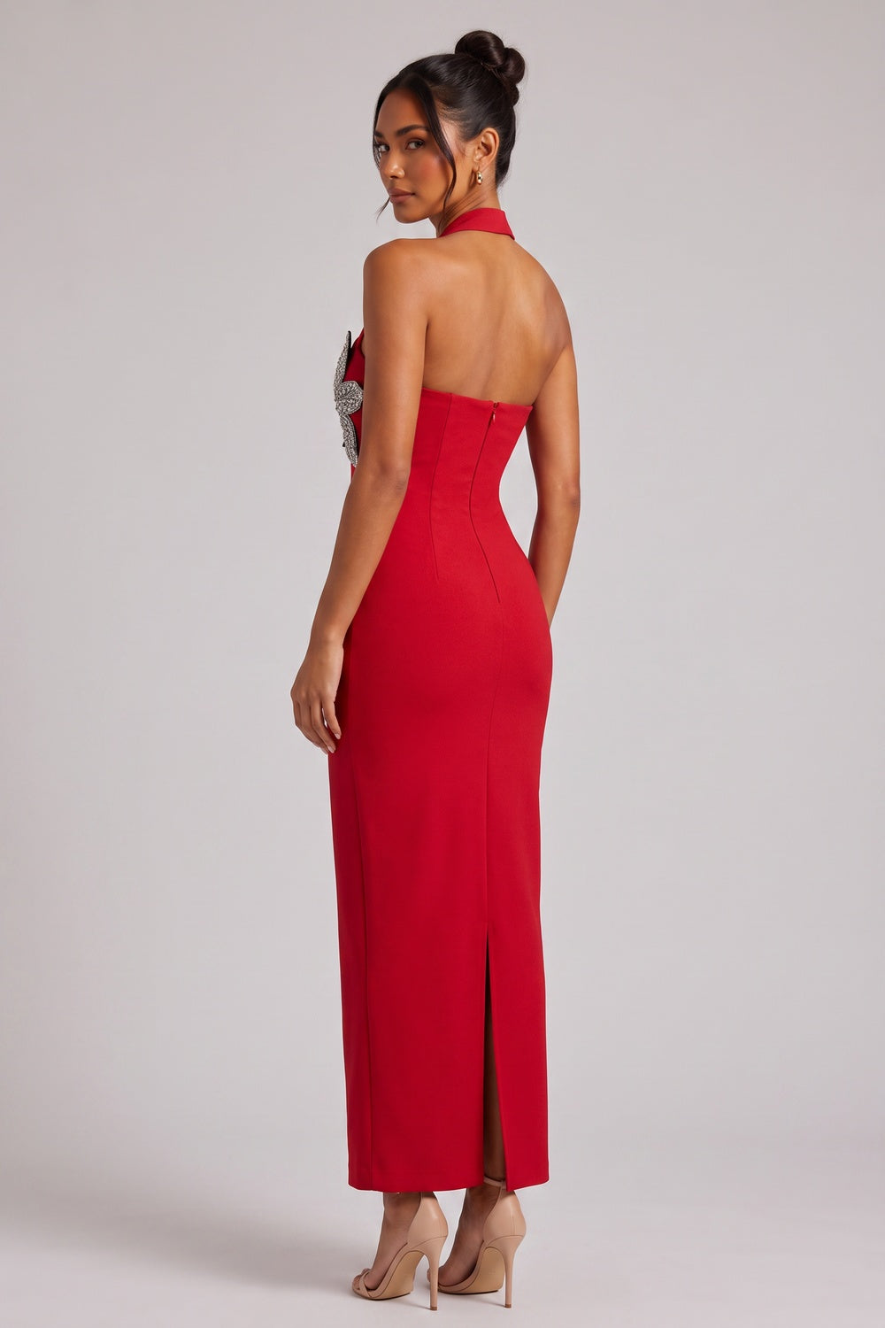 Red Halter Maxi Dress with Silver Floral Embellishment Flowering Girl