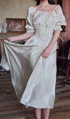 Square Neck Puff Sleeve Lace Satin Maxi Dress Flowering Girl