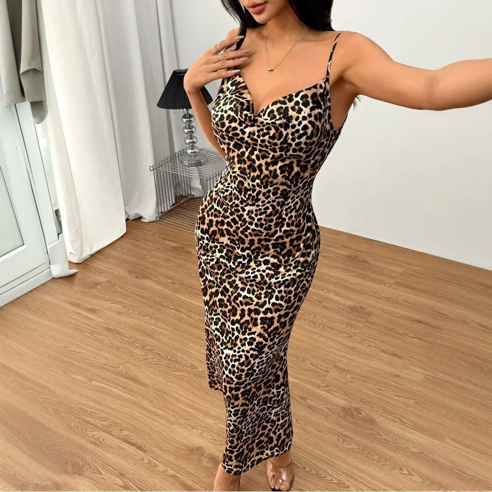 Leopard Print Halter Backless Maxi Dress Flowering Girl