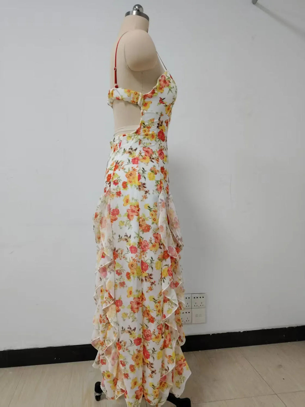 Floral Print Ruffle High Slit Mini Dress - Red Flowering Girl