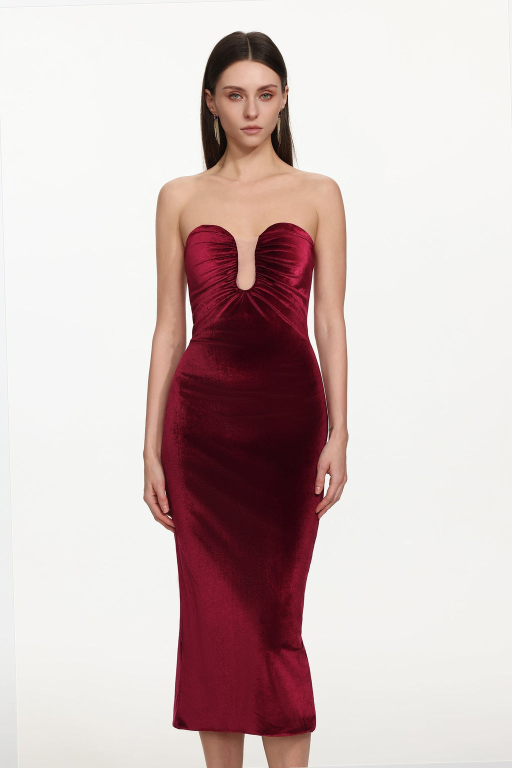 Yamia Romantic Contour Strapless Ruched Velvet Midi Dress Flowering Girl