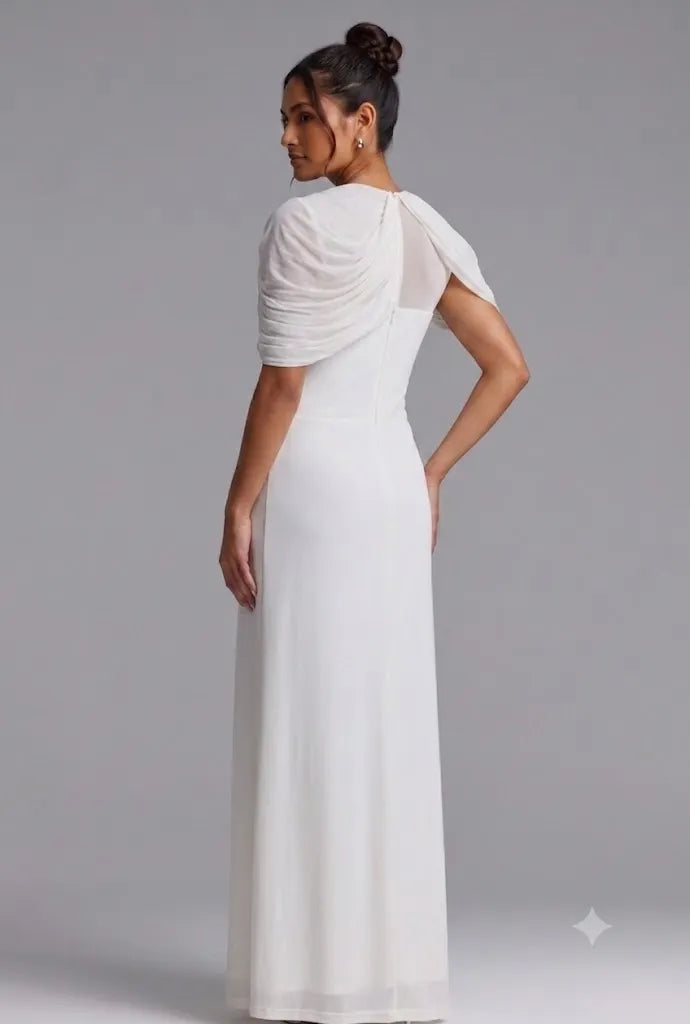 White Draped Maxi Dress with Cold Shoulder Detail Flowering Girl