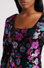 Beaded Long Sleeve Mini Dress In Black Multi Flowering Girl