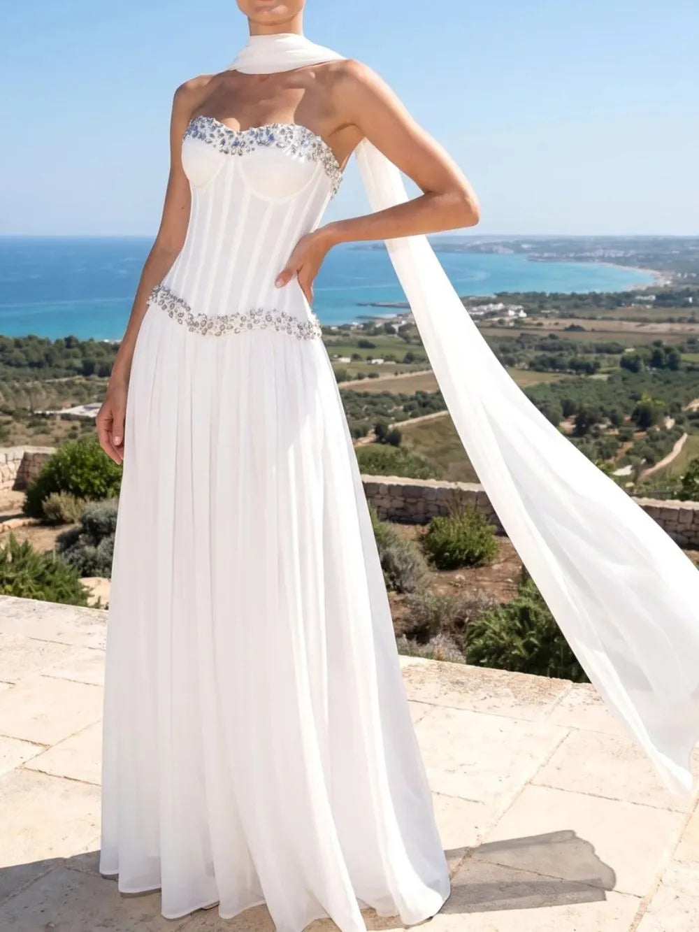 Strapless Embellished Bustier A Line Maxi Dress Set White Flowering Girl