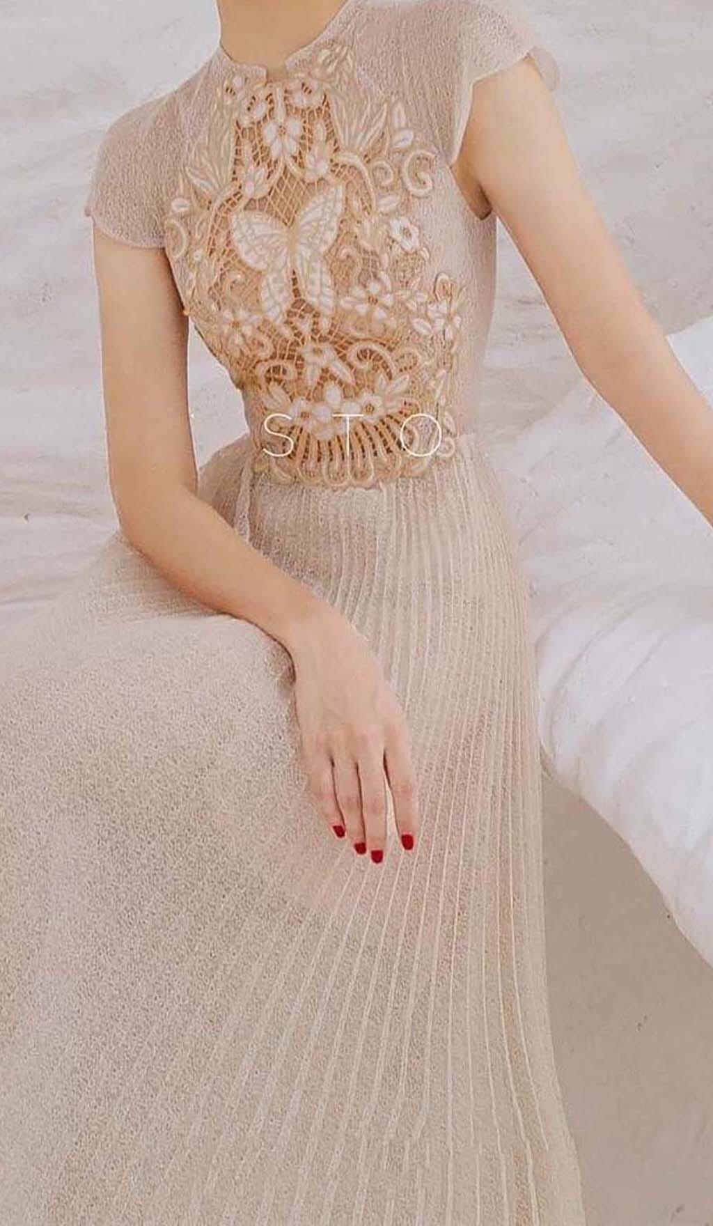 Pleated Embroidery Midi Dress In Beige Flowering Girl