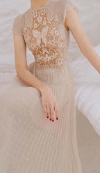 Pleated Embroidery Midi Dress In Beige Flowering Girl