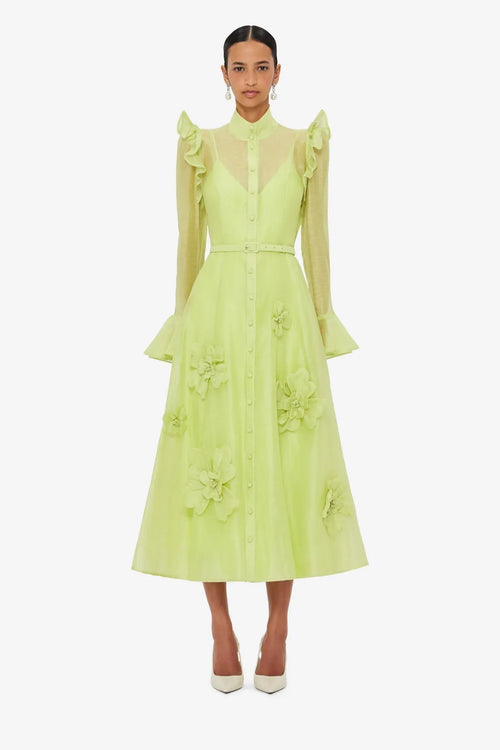 3d Flower Butterfly Sleeve Midi Dress - Chartreuse Flowering Girl