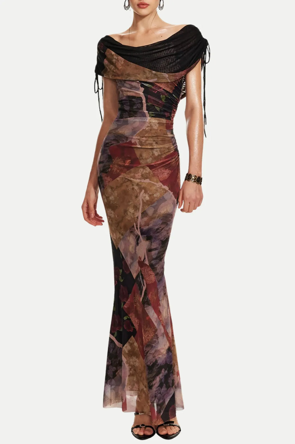 Rosala Print Mesh Off Shoulder Maxi Dress Flowering Girl