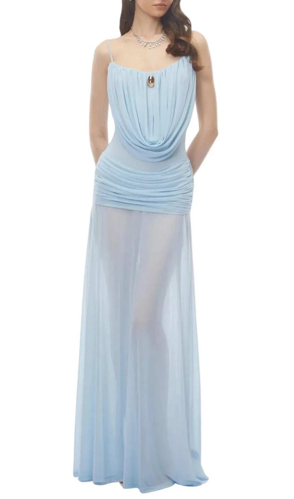 Neraos Draped Ruched Maxi Dress - Blue Flowering Girl