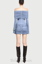 Lekeisha Off Shoulder Draped Mini Dress in Blue Flowering Girl