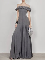 Padded Braided Off-Shoulder Maxi Dress in burgundy Flowering Girl