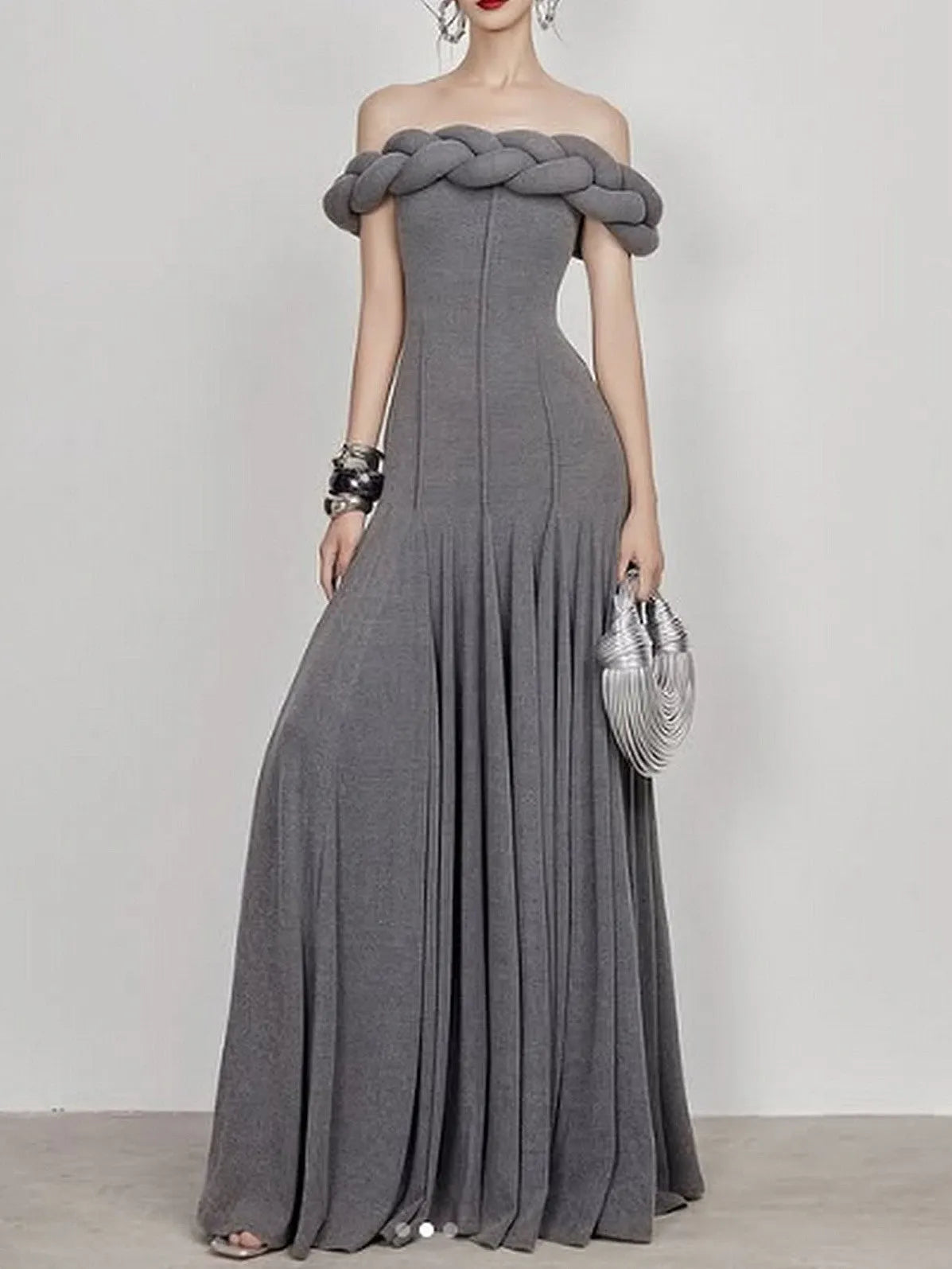 Padded Braided Off-Shoulder Maxi Dress in burgundy Flowering Girl