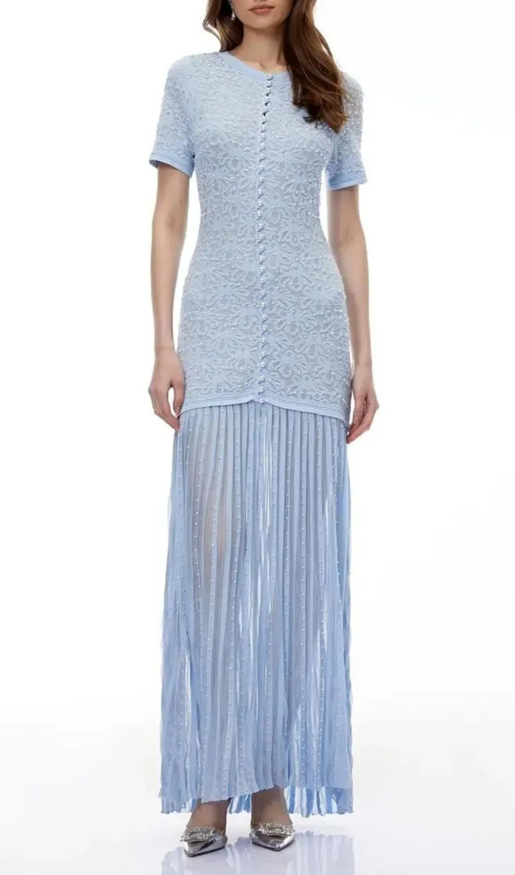 Pandora Embellished Pleated Maxi Dress - Blue Flowering Girl