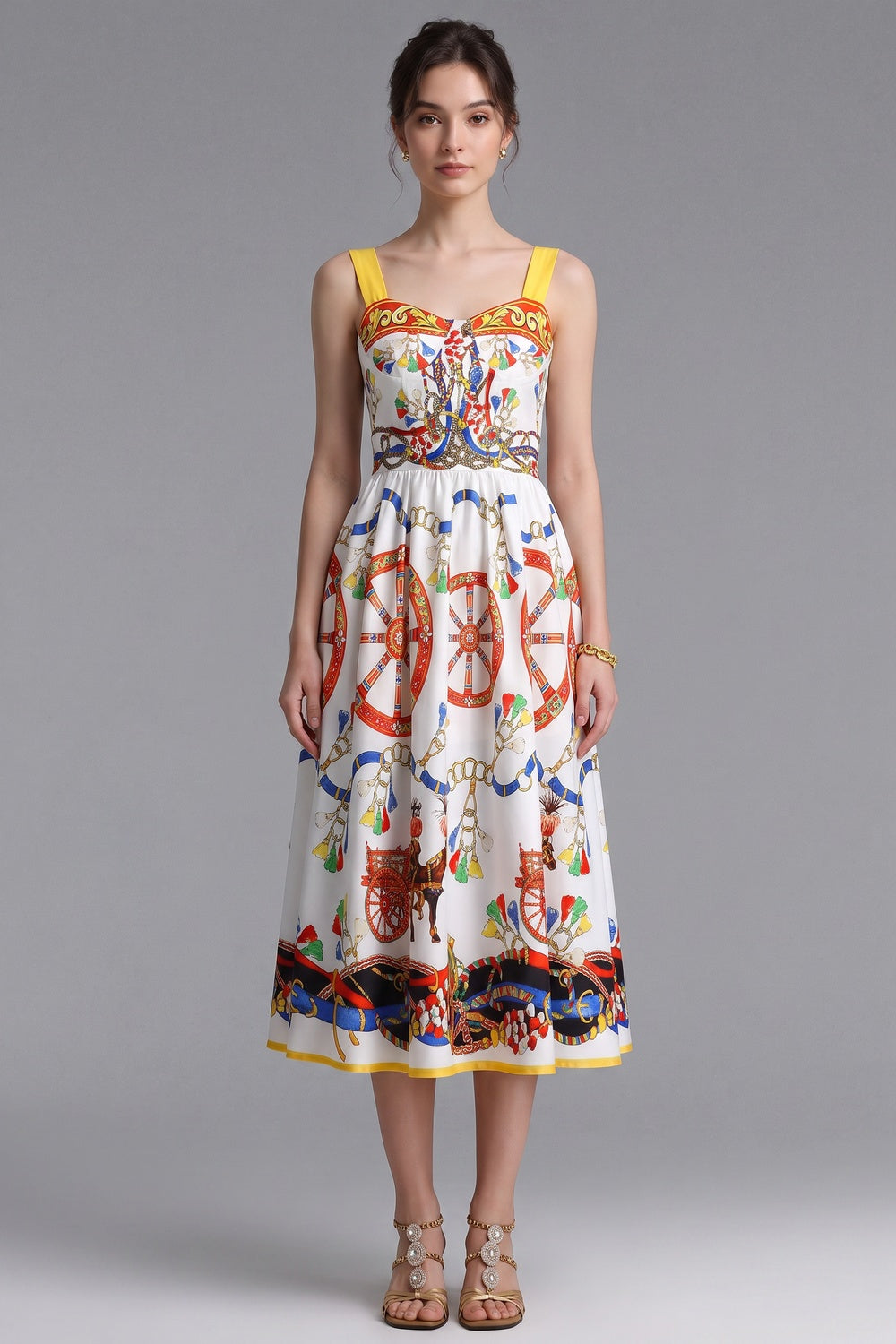 White Cotton Poplin Fit-and-Flare Midi Dress with Sicilian Carretto Print Flowering Girl