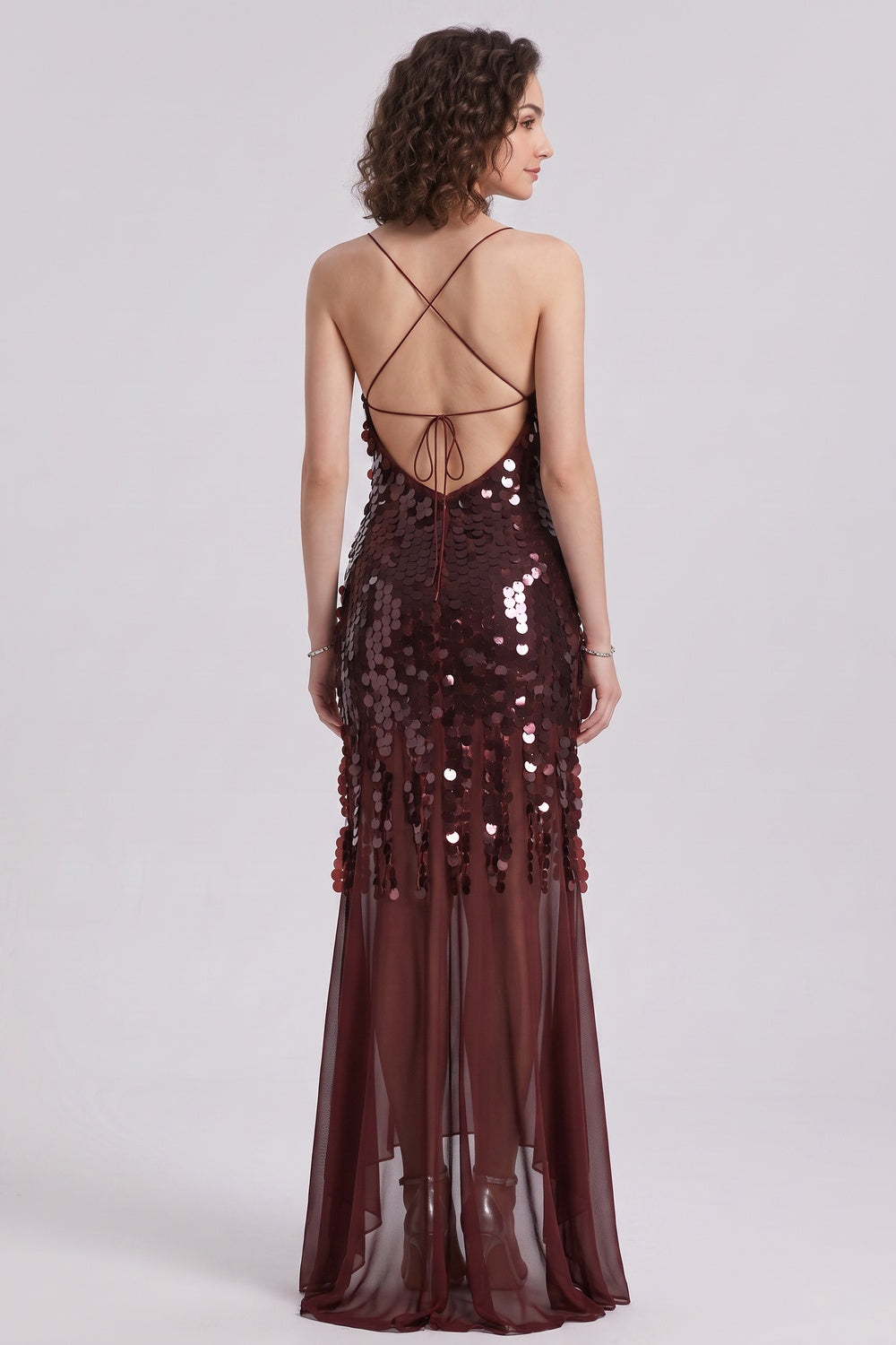 Burgundy Sequined Mesh Sheath with Flared Sheer Lower Skirt Evening Dress Flowering Girl