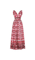 RED MAJOLICA PRINT FLARED MAXI DRESS Flowering Girl
