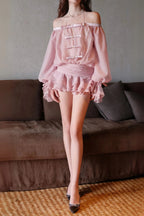 Puff Sleeve Strapless Mini Dress In Misty Pink Flowering Girl