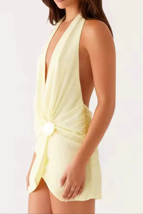 Pale Yellow Beach Halter Neck Mini Dress Flowering Girl