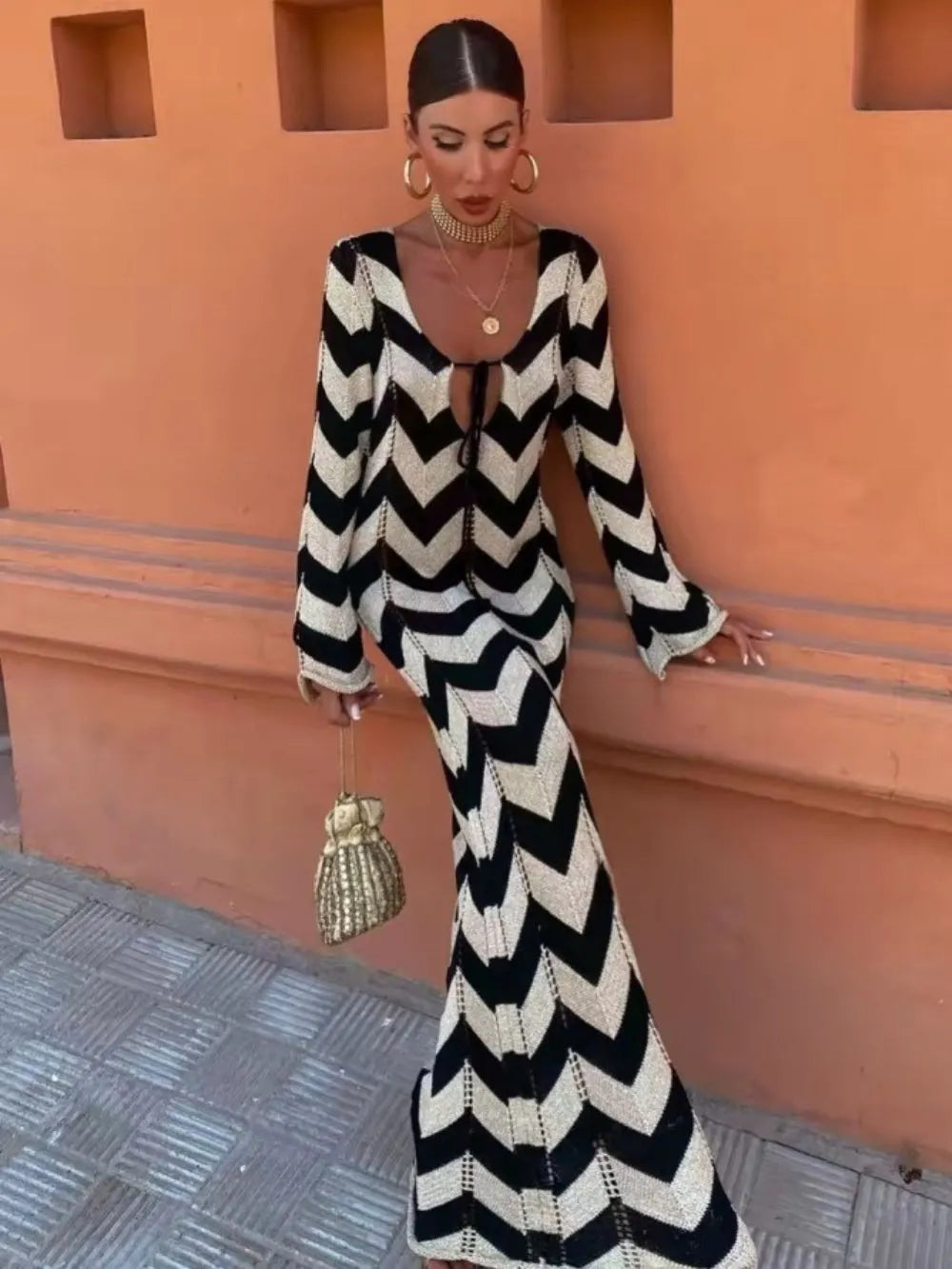 Meher Wave Knitted Long Sleeve Maxi Dress Flowering Girl