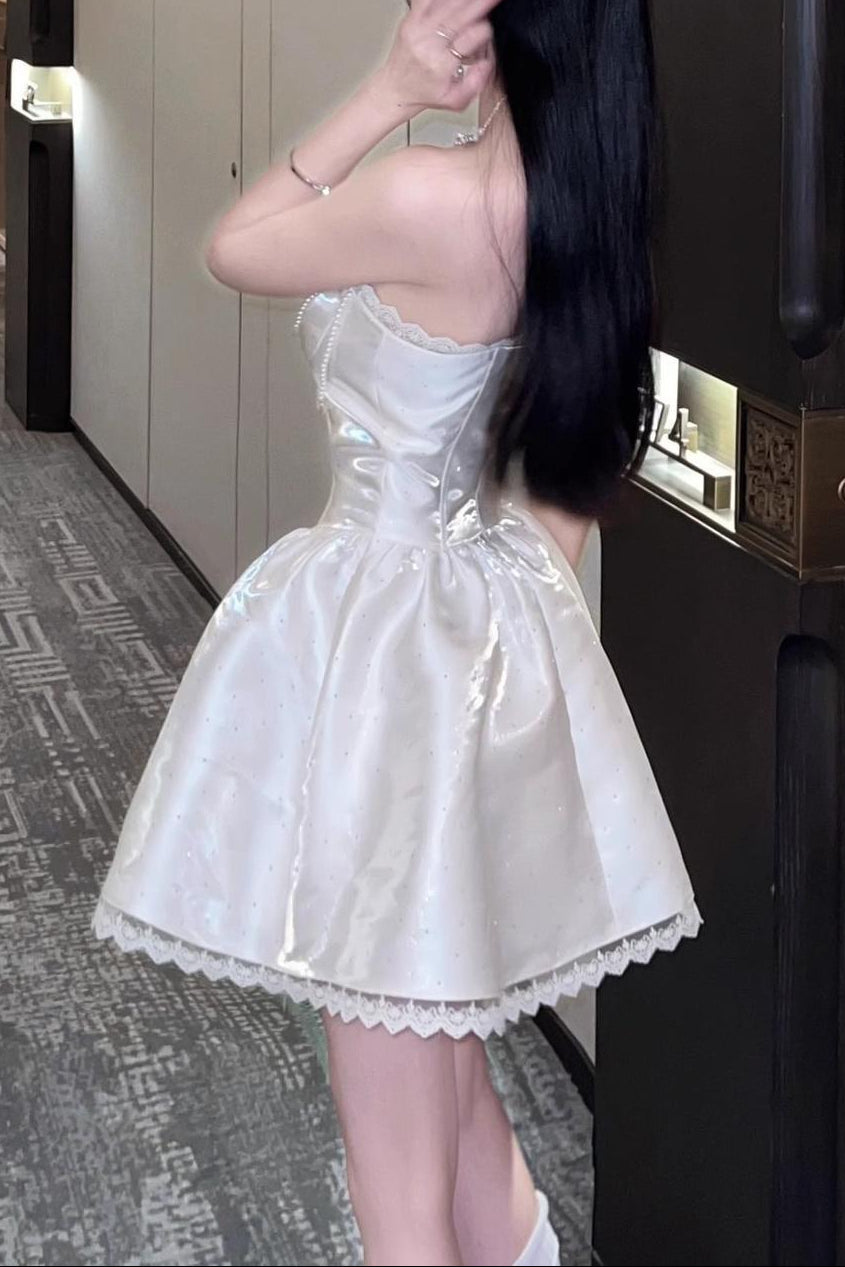 Adele White Sweetheart A-Line Strapless Satin Mini Dress Flowering Girl