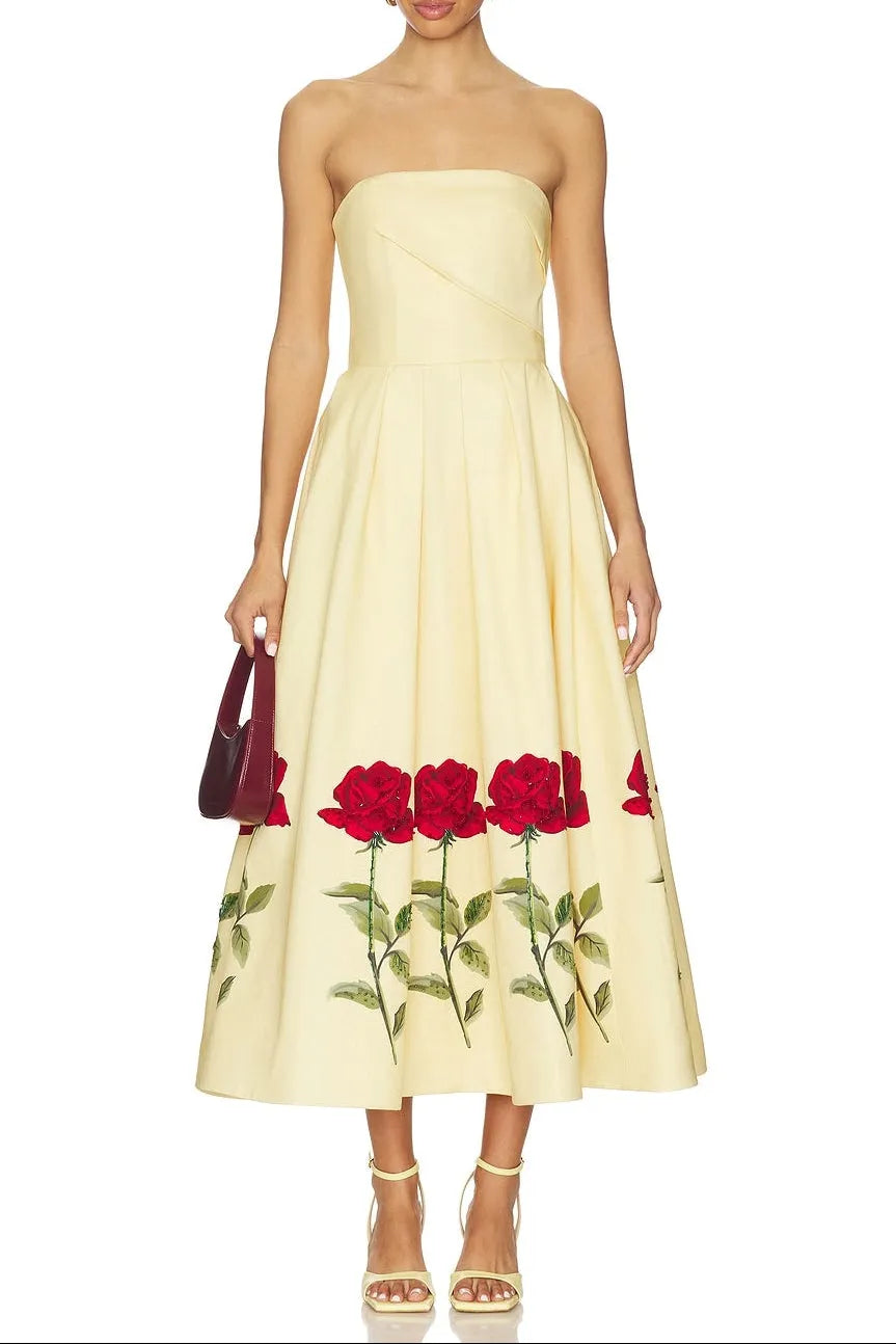 leona Satin Floral print Off-Shoulder Midi Dress Flowering Girl