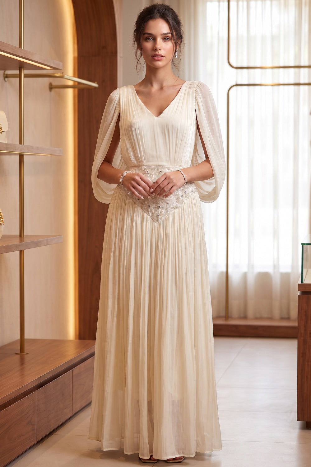 Cream Chiffon A-Line Gown with Cape Sleeves Flowering Girl